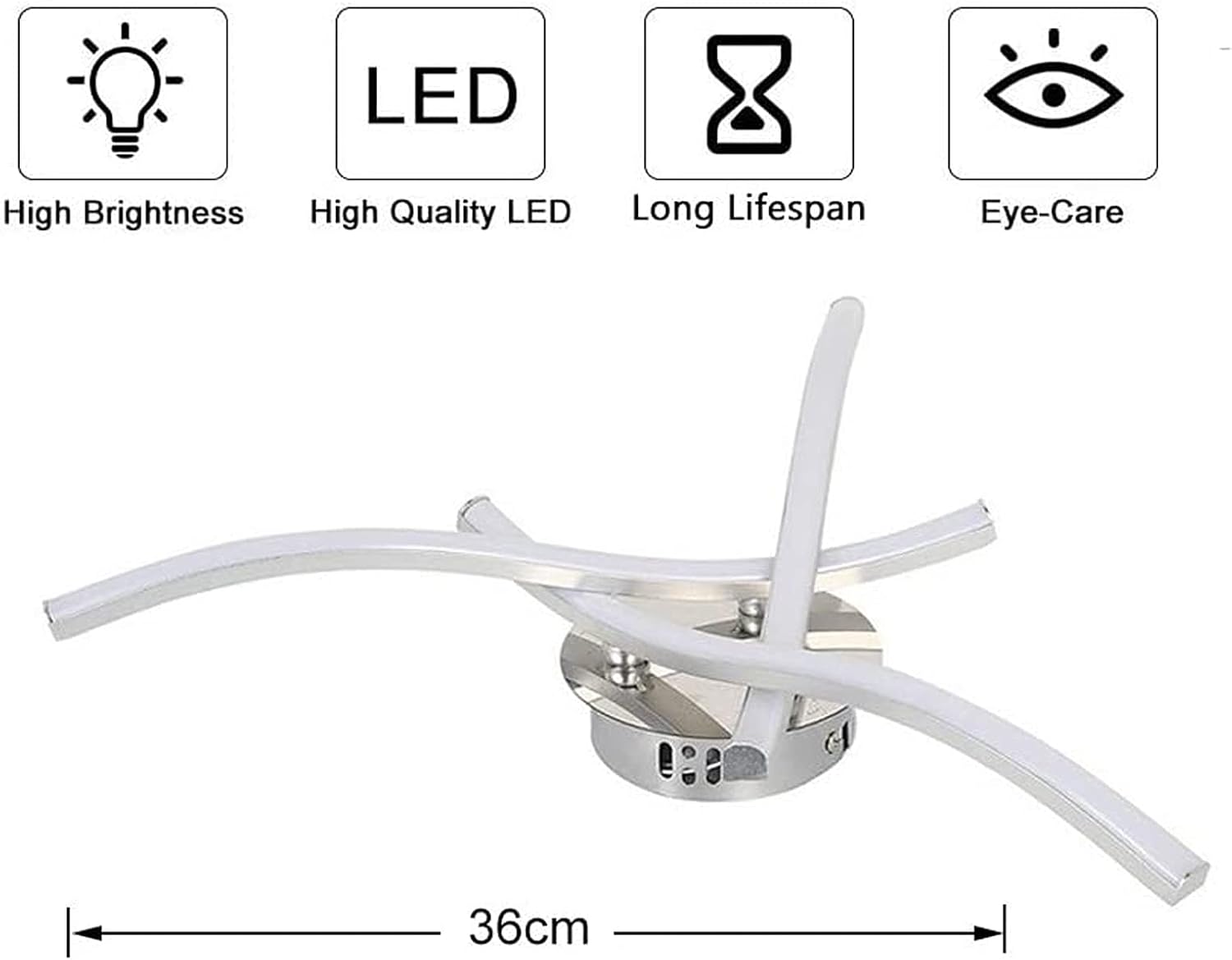 Ceiling light fixture with LED features and dimensions on a white background