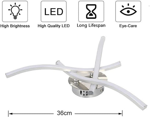 Ceiling light fixture with LED features and dimensions on a white background