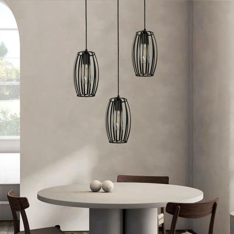 Modern Farmhouse Chandelier with Geometric Wrought Iron Metal Lampshade Pendant Lamp, Black Retro Cage Type Hanging Light for Kitchen Island Dining Room Living Room Bedroom Chaser of Light