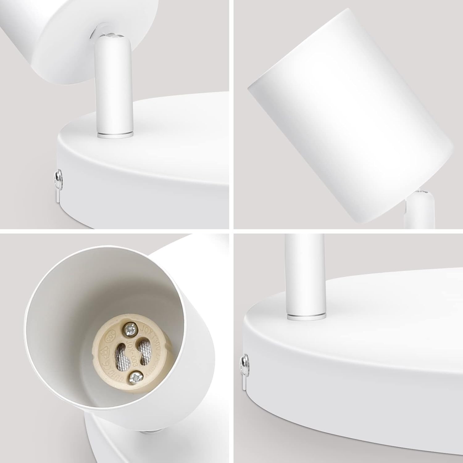 Collage of a white wall-mounted light fixture with close-up details on a light gray background.