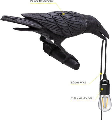 Set of 2 Black Birds Wall Lamps Resin Crow Desk LED Lamp E27 Base Modern Raven Art Deco Bedside Decor Plug in Cord Table Lamps for Bedroom, Office, College Dorm, Right Black Wall