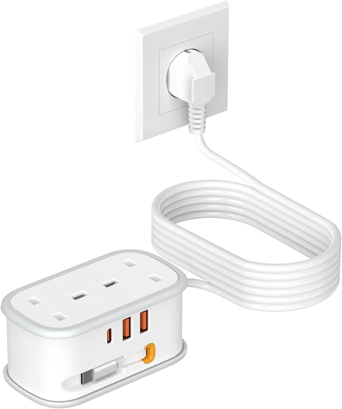 UK to US Plug Adapter with 1.5M Extension Cable, 2 Way Outlets, 3 USB Ports & Retractable USB-C Cable – Type B Travel Adaptor