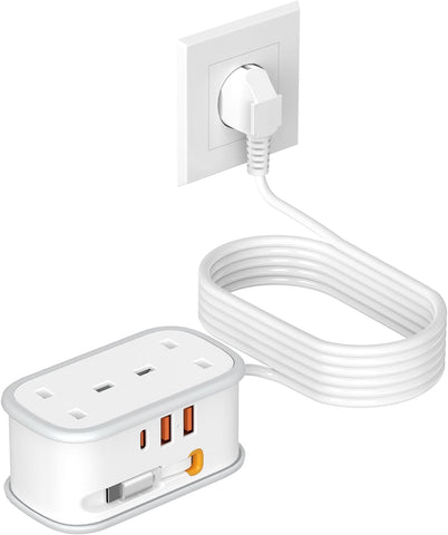 UK to US Plug Adapter with 1.5M Extension Cable, 2 Way Outlets, 3 USB Ports & Retractable USB-C Cable – Type B Travel Adaptor