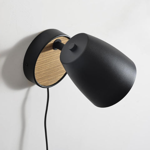 Plug in Wall Lamp Black,Bedside Wall Light with Switch,Modern Wood Sconce for Bedroom with 180°Rotation Metal Shade,Indoor E26 Wall Lamp for Living Room,Dining Room,Hallway,Stairway