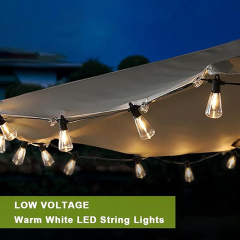 Full view of the 45.7M LED festoon lights in use at a garden party.

