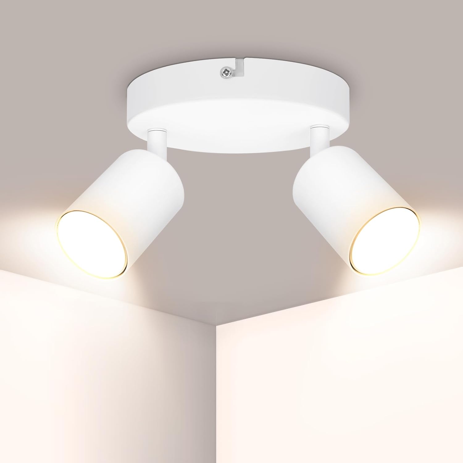 White ceiling light fixture with two lights on a neutral background
