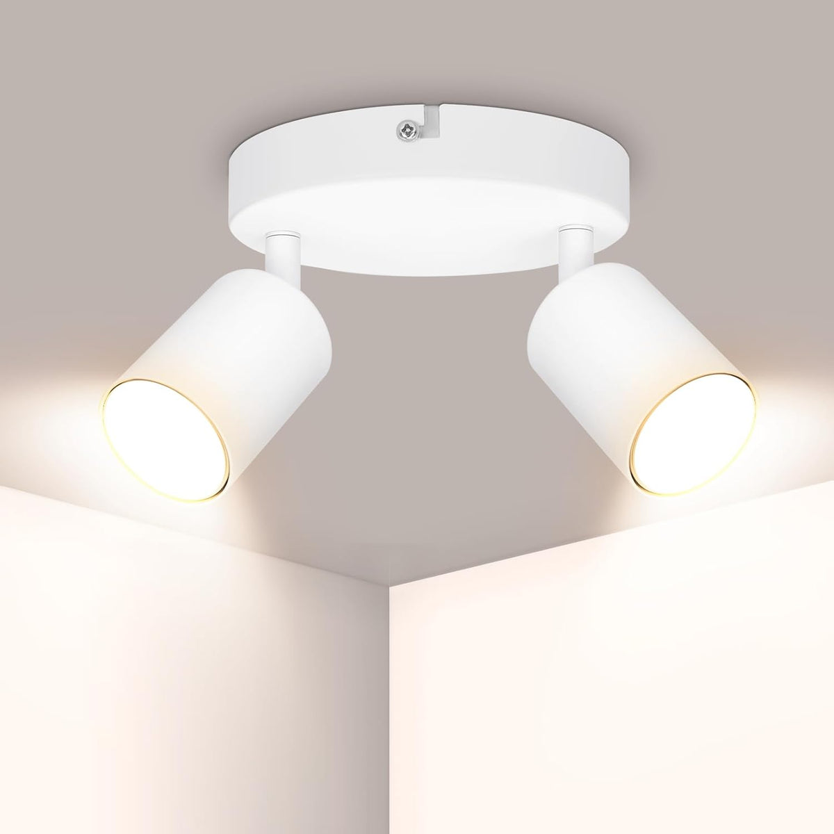 White ceiling light fixture with two lights on a neutral background
