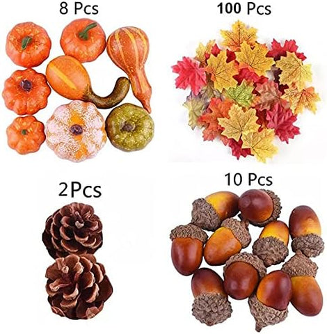 120Pcs Artificial Pumpkins Autumn Decorations Set,Autumn Home Decor Artificial Fall Maple Leaves,Pine Cones,Gourds,Pumpkin,Small Acorns for Thanksgiving Halloween Fall Home Harvest Table Decorations