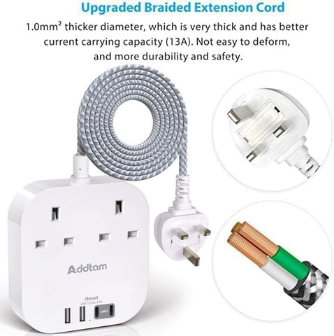 Addtam Extension Lead with 2 AC Outlets, 4 USB Ports & 1.6m Braided Cable – Keep Your Everyday Devices Charged Without the Desk Clutter