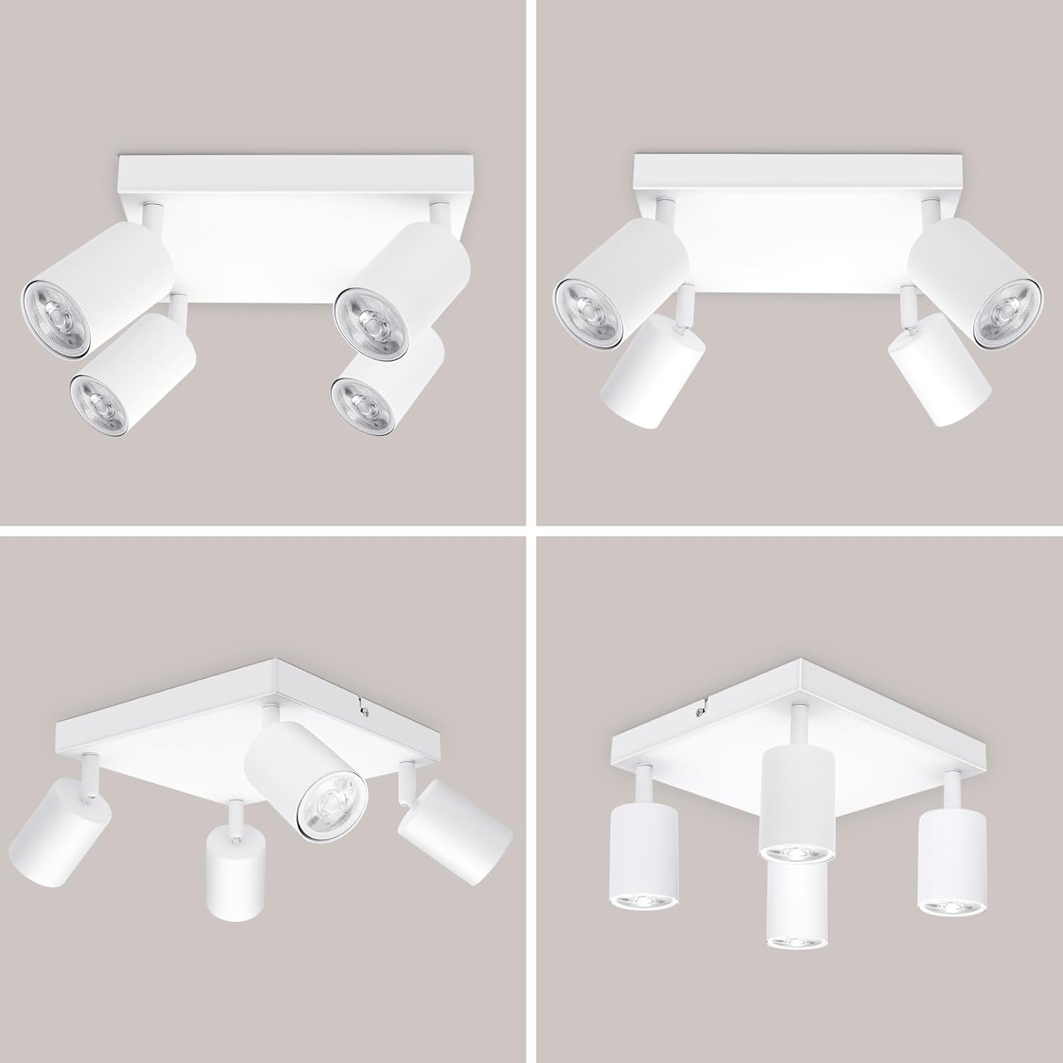 Four different views of a white ceiling light fixture on a beige background