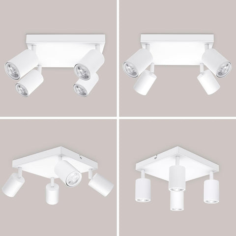 Four different views of a white ceiling light fixture on a beige background