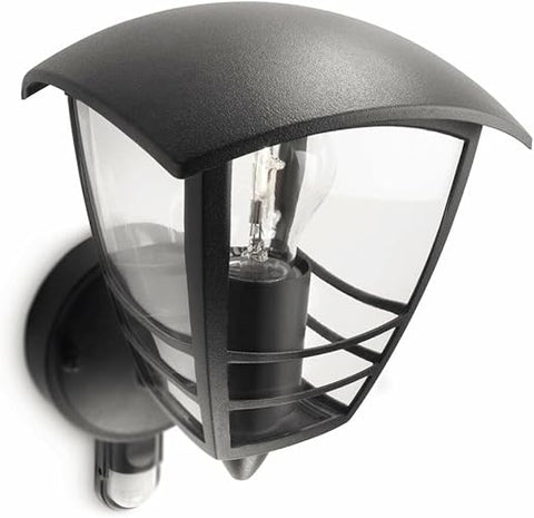 Philips Creek Outdoor Wall Light with Motion Sensor - IP44 Weatherproof Black E27 60W