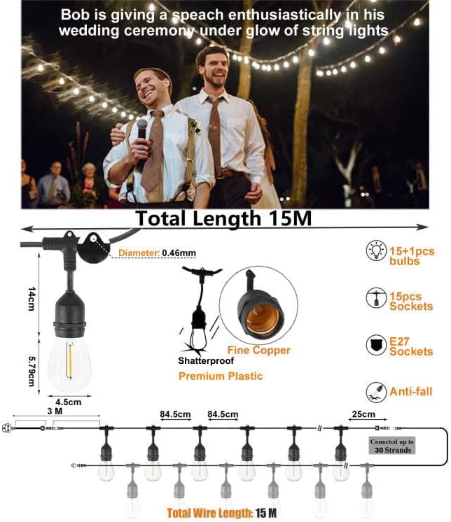 Two men in wedding attire with string lights above them, followed by product details of string lights.