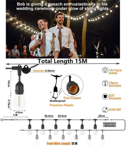 Two men in wedding attire with string lights above them, followed by product details of string lights.