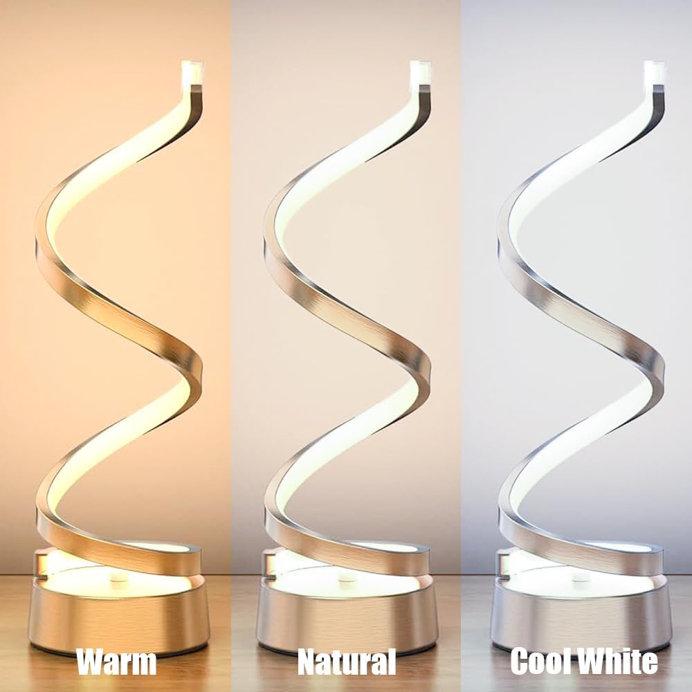 Spiral lamp with three color temperature options on a neutral background