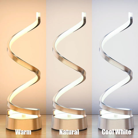 Spiral lamp with three color temperature options on a neutral background