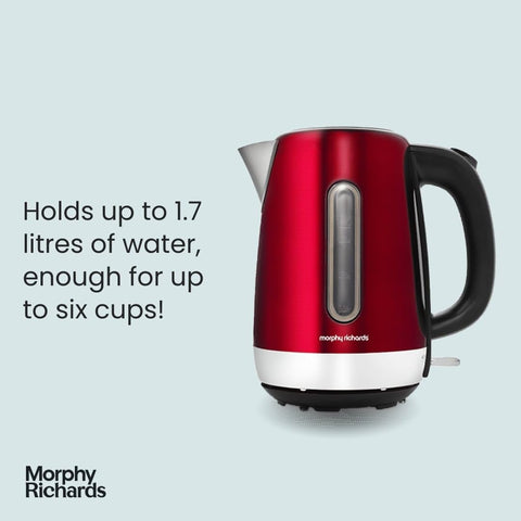 Morphy Richards Equip Kettle 1.7L – 3000W Rapid Boil, Removable Limescale Filter, Easy View Water Gauge, Stainless Steel, Red