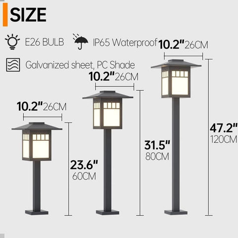 Retro Landscape Path Light, Vintage Chinese Style Bollard Lantern Gray Galvanized Steel E26 Base, IP65 Waterproof Outdoor Pathway Lighting for Garden Courtyard Walkway Patio(60CM)