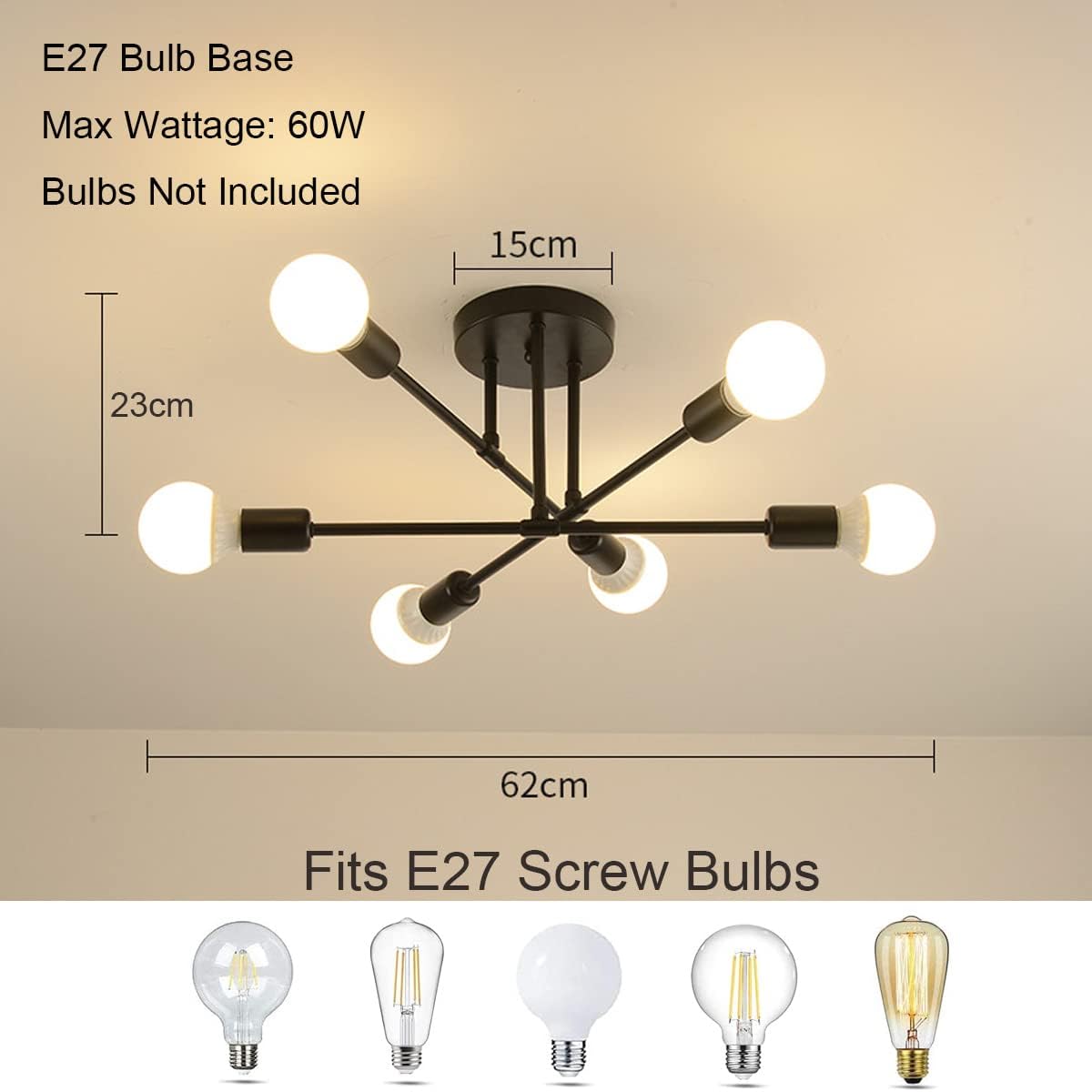 Chandelier with E27 bulb base specifications and measurements on a beige background