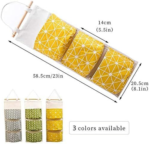 KAHEIGN 3-Piece Wall Hanging Storage Organiser – Waterproof Cotton Linen Bags with 3 Pockets Each for Bedroom, Bathroom & Kitchen – Give Every Little Essential Its Own Place