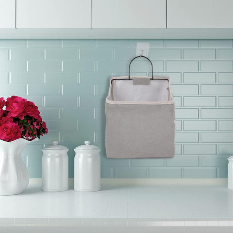 BieFuSin 2-Pack Wall Hanging Storage Bags, Grey Plaid Cotton Linen Organisers with Metal Frame, Waterproof Lining & Side Mesh Pockets for Bedroom, Bathroom & Kitchen