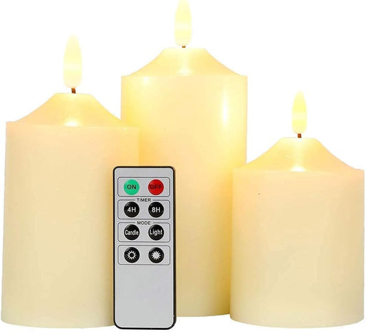 Flameless Battery Candles with Remote Control & 6 Hour Timer, Set of 3 Real Wax Flickering LED Candle Battery Operated for Home Wedding Party Room Valentine's Day Dining Table(12/15/18cm)