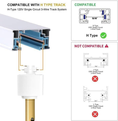 Diagram showing compatibility of H-type track system with a light fixture.