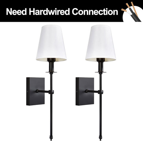 Hardwired Wall Light Set of 2 Black Wall Sconces with Fabric Shade, Vintage Farmhouse Lighting for Bathroom Living Room Bedroom Dining Hallway (E27, 230V)