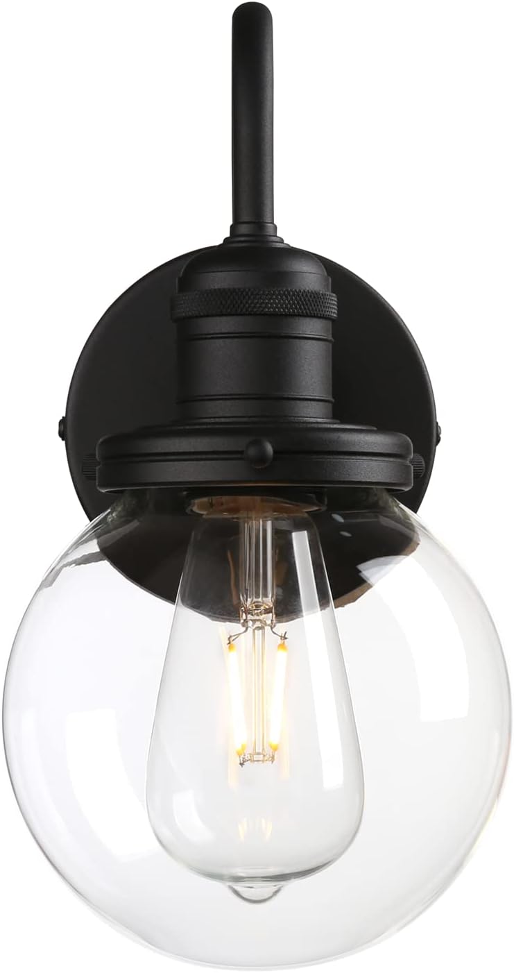 Black wall-mounted light fixture with clear glass shade on a white background