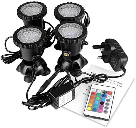 Waterproof Underwater Spot Lights Multicolour RGB Aquarium Lights with Remote Control – IP68 LED Pond, Fish Tank & Pool Lighting, UK Plug, Set of 4