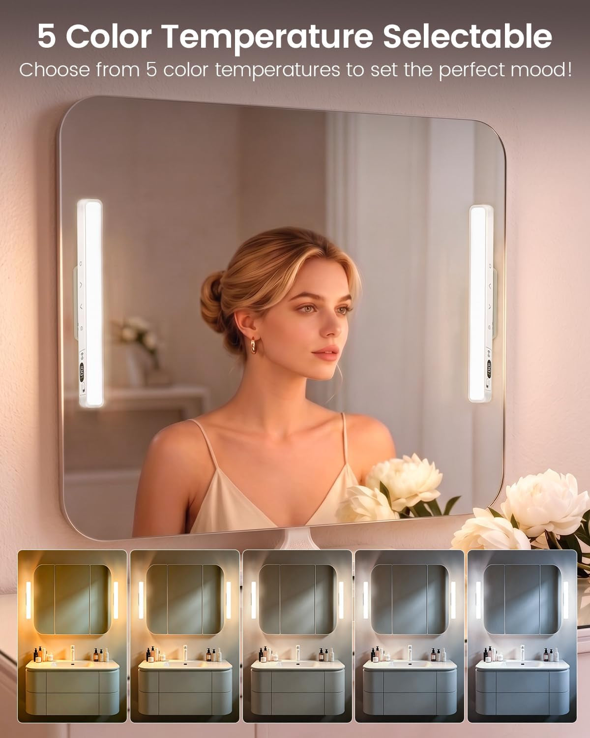 Makeup Mirror Light Stick on Mirror with Battery Level Display 2PC | Vanity Lights Bar Rechargeable Make up Light with Remote Magnetic Dressing Table Lights with 5 Cct&Dimmable for Bathroom