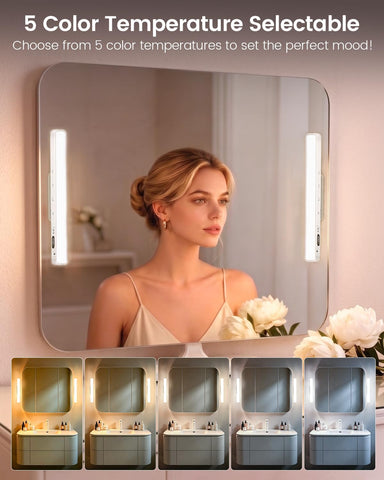 Makeup Mirror Light Stick on Mirror with Battery Level Display 2PC | Vanity Lights Bar Rechargeable Make up Light with Remote Magnetic Dressing Table Lights with 5 Cct&Dimmable for Bathroom