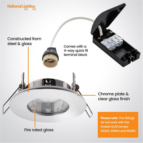 SPECULO Ultra Slim Compact Chrome Fire Rated Downlight Recessed LED GU10 round Spotlight Ceiling Light for Bathroom, Shower, Kitchen IP65 Rated