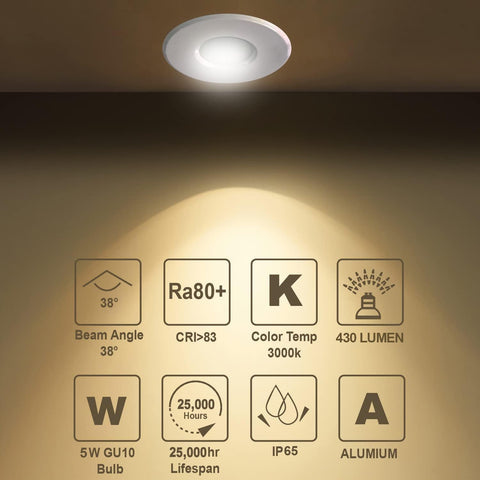 4X 5W IP65 Waterproof LED Recessed Ceiling Lights, Warm White 3000K 430LM, Suitable for Bathroom and Kitchen Spotlights (Including GU10 Lamp Holder) White Downlight Cut-Out 68Mm