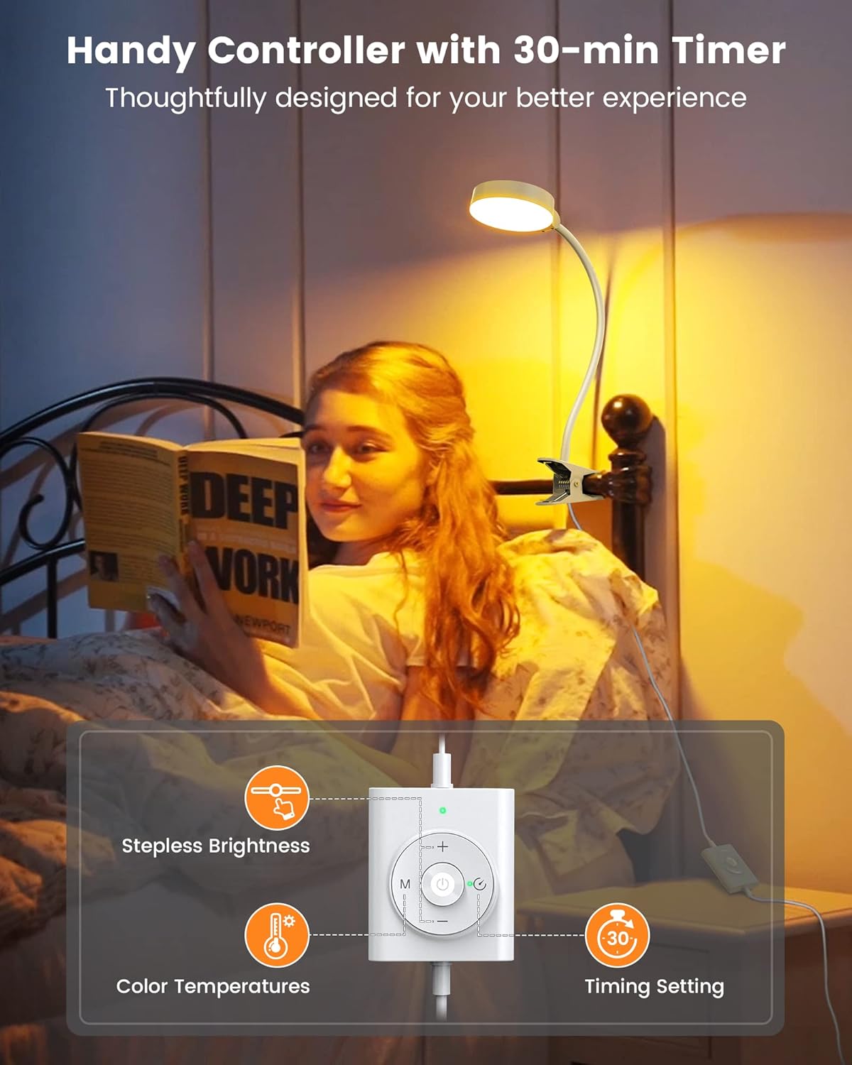 User reading in bed with the lamp on amber mode.

