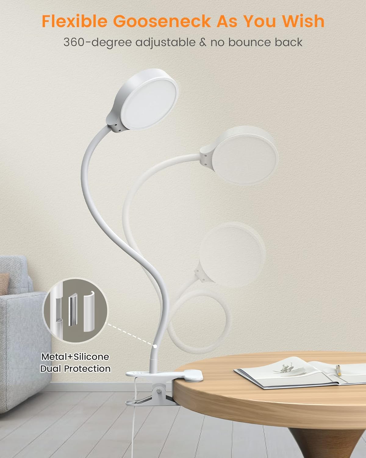 Study corner lit up with adjustable LED lighting.

