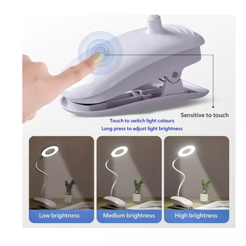 Clip-on lamp securely attached to a wooden shelf.

