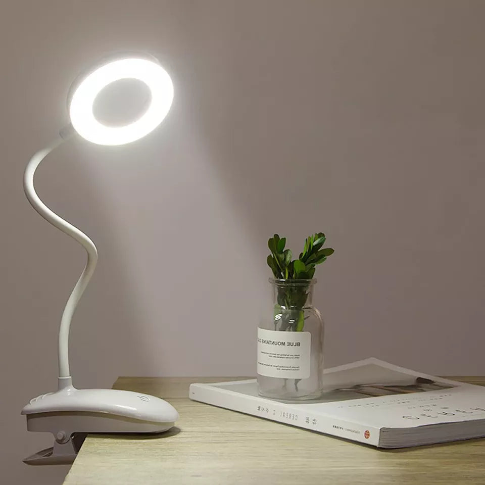 Flexible gooseneck on a clip-on desk lamp.

