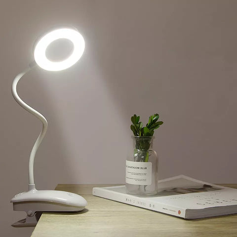 Flexible gooseneck on a clip-on desk lamp.

