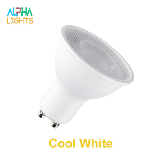 Close-up of GU10 LED spotlight bulb, showing wide 120-degree beam angle