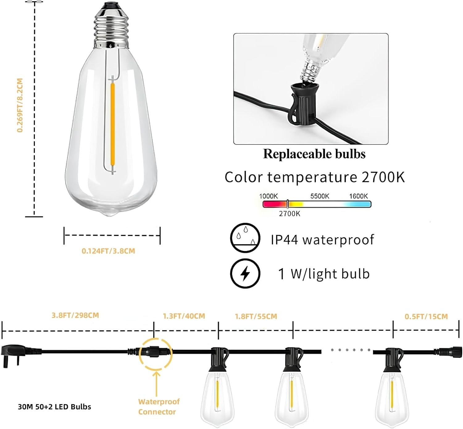 20M Festoon Lights Outdoor - Garden String Lights