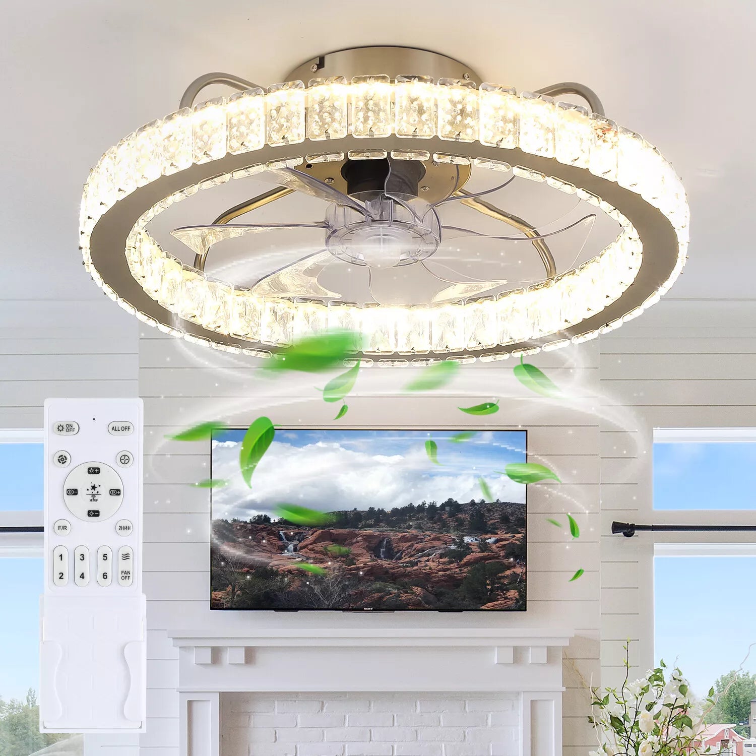 LED Crystal Ceiling Fan Light UK – Dimmable, Quiet with Remote Control - UK