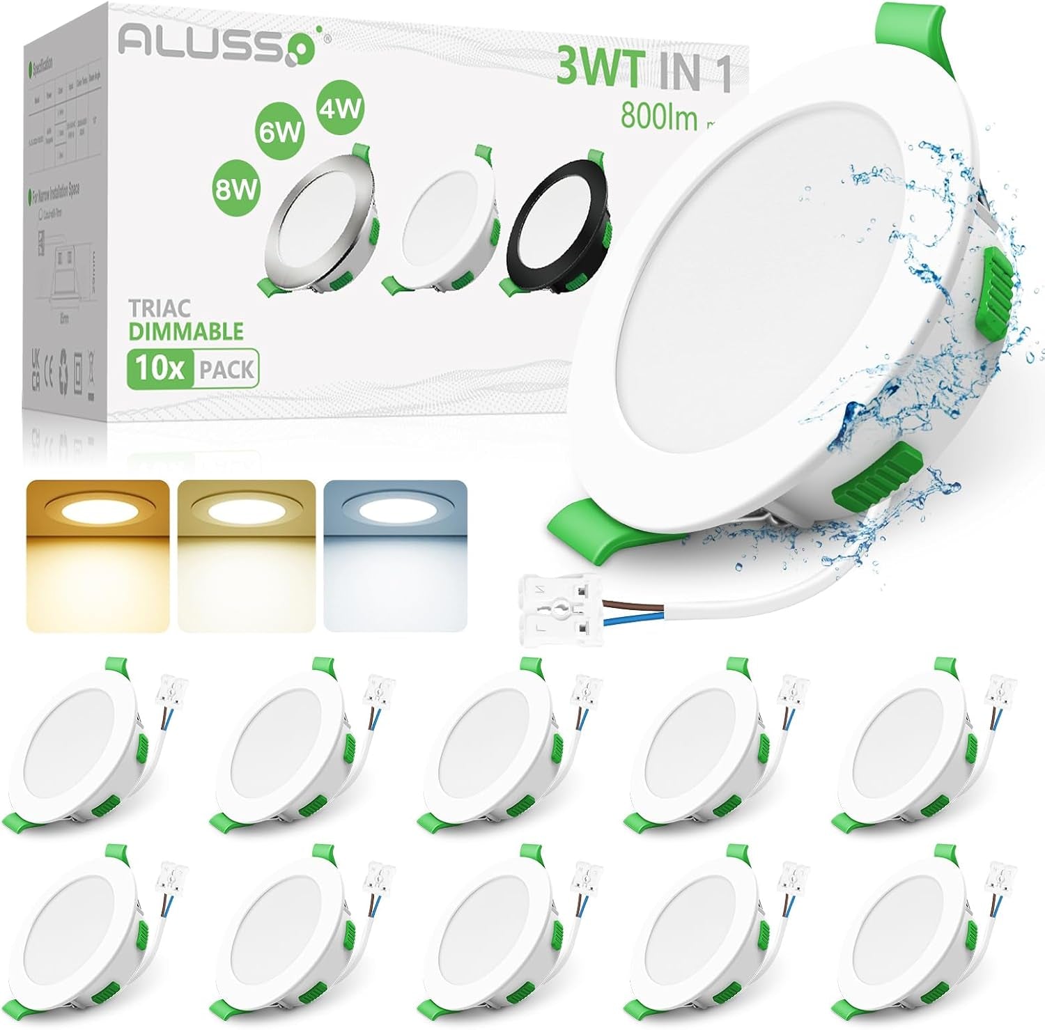 3CCT LED Downlights Ceiling Dimmable 7W IP65 Cutout 67-75MM 6 Pack | Slim Recessed Ceiling Lights, 3000K 4000K 6500K Selectable Bathroom Kitchen Spotlights, round White
