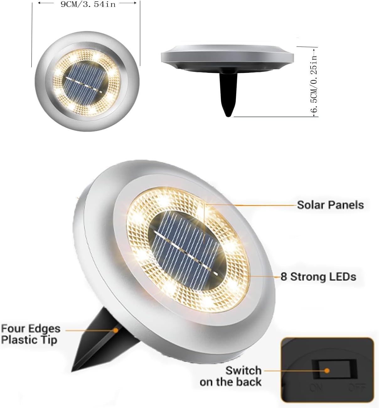 Solar Lights Outdoor Garden,600Mah 8 LED Solar Disk Ground Lights for Garden Lawn Pathway Yard Landscape Walkway（8 Pack Warm White）