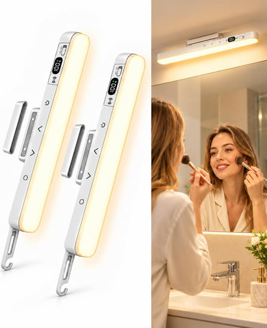42Cm Makeup Light for Mirror,Dimmable Cordless Vanity Light,2Pk | Rechargeable Stick-On Lights, Dressing Lights with Battery Display,Foldaway Hook, 5 CCT & Dimmable,10/30 Min Timer, 2PK