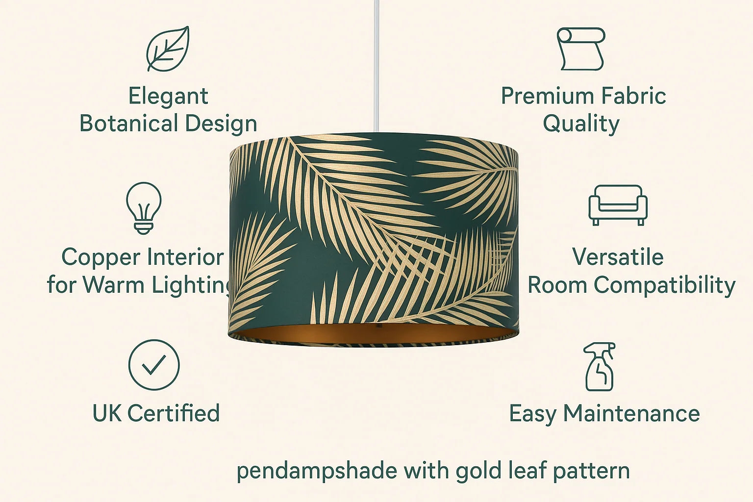 Dark Green and Gold Pendant Shade – 25 Cm – Table or Ceiling
