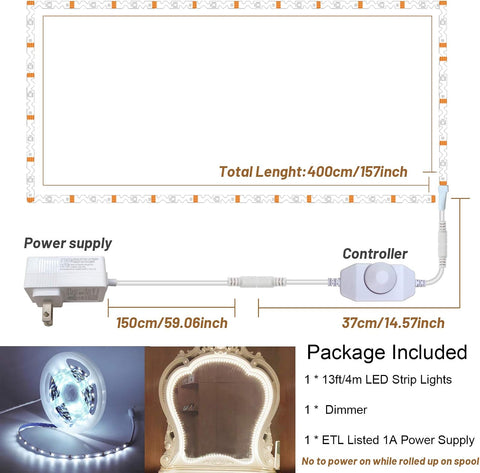 ER 13Ft/4M Led Vanity Mirror Lights Kit Bendable NO Need to Cut Vanity Make-Up Mirror Cloakroom Adjustable Flexible Strip Light Table Set with Dimmer and Power Supply Mirror Not Included