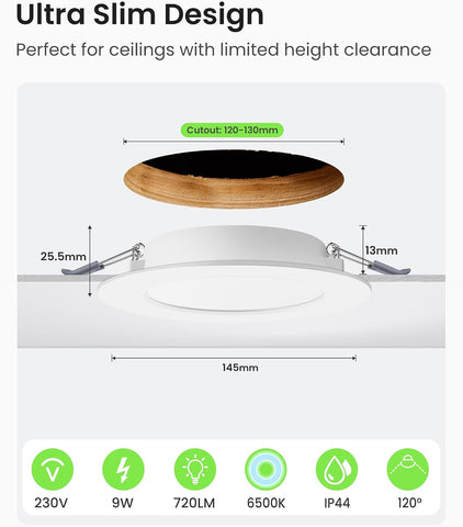 LED Downlights for Ceiling 9W Ultra Slim LED Recessed Ceiling Spot Lights 6500K Cool White IP44 Waterproof Spotlights Ceiling Lights for Bathroom Kitchen Living Room, 6 Pack