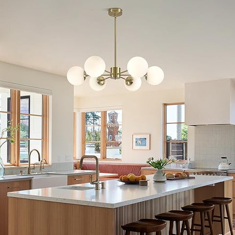 6-Light Globe Sputnik Chandelier with white milk glass shades and brushed gold finish. Mid-century modern pendant light for dining or living rooms.