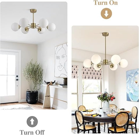 6-Light Globe Sputnik Chandelier with white milk glass shades and brushed gold finish. Mid-century modern pendant light for dining or living rooms.